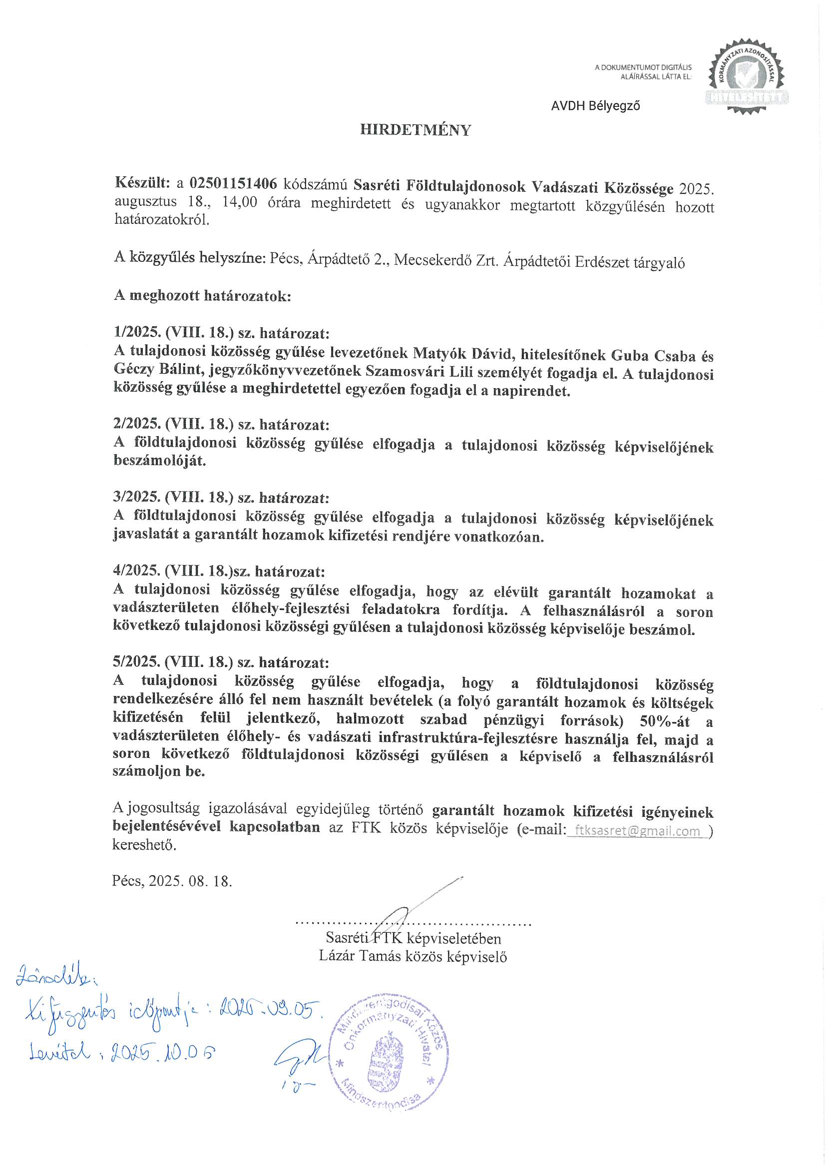 Sasréti FVK 2025.08.18. határozatok